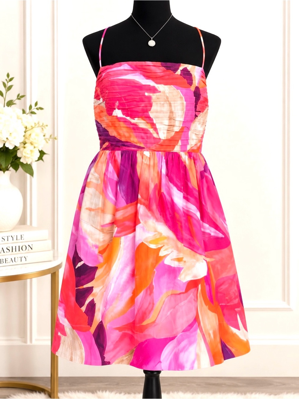 H&M Pink Orange Floral Pleated Spaghetti Strap Fit & Flare Dress size XXL - Picture 9 of 14